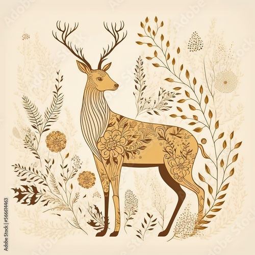Papier peint Illustration of elegant deer with floral decor. Generative AI