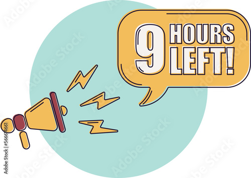 Countdown left 9 hours banner. Count time sale. Icons with color shapes. Comic style.