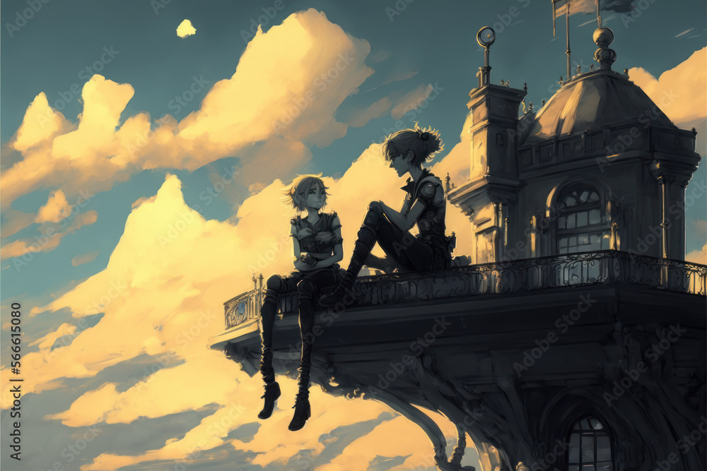 steampunk city morning yellow clouds blue sky balcony two people