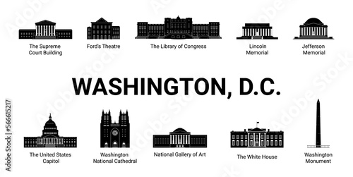 Washington D.C. silhouette in black-and-white color. Washington attractions. Washington famous buildings. Vector illustration
