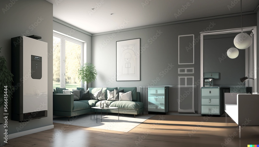 The picture shows a room with a heating boiler as the central focus and a neutral colored background. The picture shows a room with a heating boiler as the central focus and a neutral colored background.