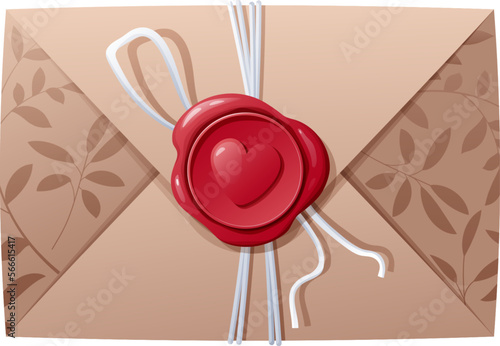 Love letter in an envelope with a wax seal. Confession, I love you. Gift, valentine s day. Vector illustration, icon