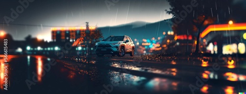 The picture depicts a car in the rain at night with a blurred background.