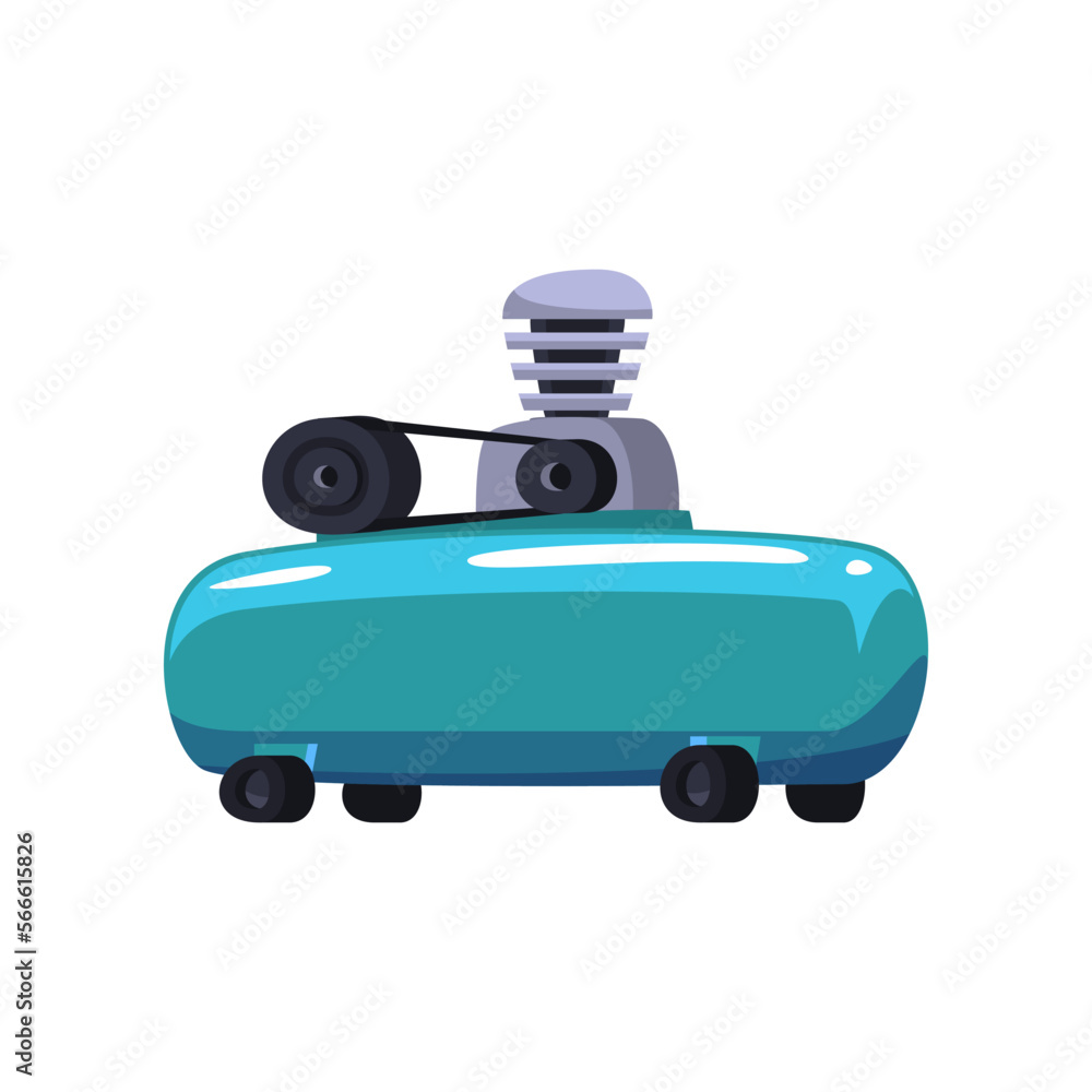 Blue air compressor. Vector illustration of pneumatic equipment for construction works. Cartoon machine with pump, tank of gas under pressure, rotary engine isolated on white. Duct system concept Blue air compressor. Vector illustration of pneumatic equipment for construction works. Cartoon machine with pump, tank of gas under pressure, rotary engine isolated on white. Duct system concept