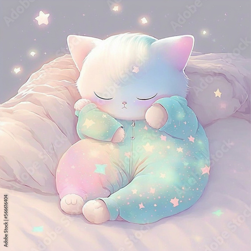 Cute sleepy kawaii cat illustration