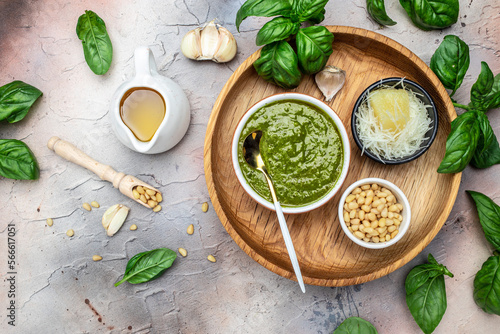 Traditional Italian pesto Basil, olive oil, parmesan, garlic, pine nuts. banner, menu, recipe place for text, top view