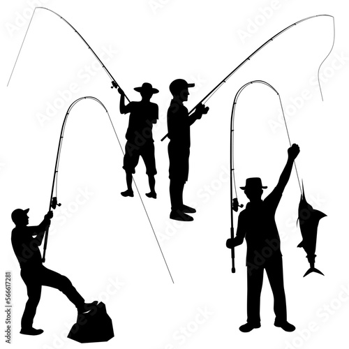 silhouettes of anglers in various styles. fisherman with rod and fishing