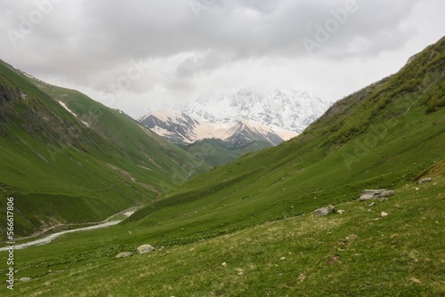 green grass and mountains with snow  Ushguli  Georgia