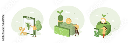 Sustainability illustration set. Characters showing ways to reduce CO2 pollution through carbon tax, credit and eco investing. Taxation of carbon emissions concept. Vector illustration.