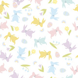 Easter seamless pattern in cartoon style. Colorful childish doodle with rabbits and eggs, flowers and rainbow. Creative baby texture for fabric, paper.