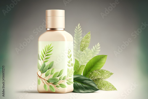 Natural medicines, bottle with natural cosmetics, green leaves, bottle, gentle background colors. AI