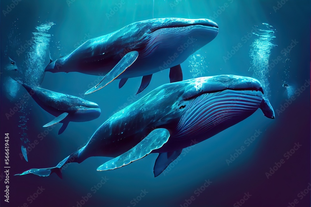 Naklejka premium Generative AI illustration of family blue whale under water, ocean