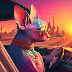 Glasbilder Sammlungen Colorful cat in sunset city  © AI Visual Design