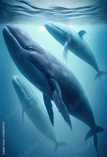 Foto Generative AI illustration of family blue whale under water, ocean