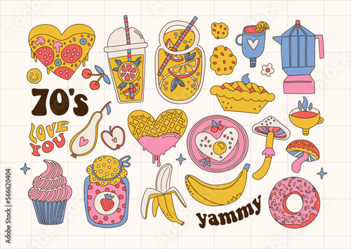 Set of yammy food and drinks in retro 70s groovy style . Colection of healthy and jank food. Sweet bevegares and cookies, lamonade and coffee. Vector contour hand drawn illustration.