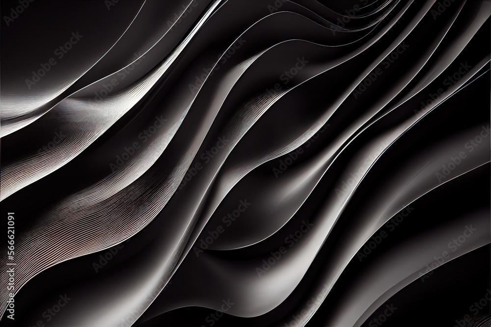 Obraz premium Generative AI illustration of black wavy abstract layer as panorama background, gain and metal