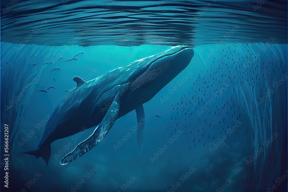 Fototapeta premium Generative AI illustration of Blue whale under water, ocean