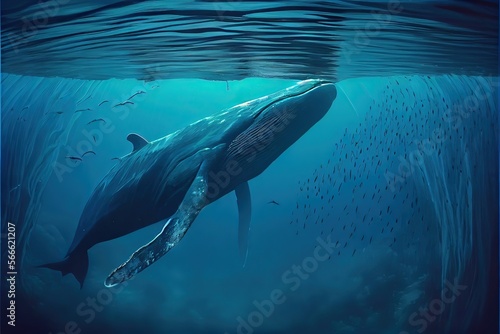Generative AI illustration of Blue whale under water, ocean © CravenA