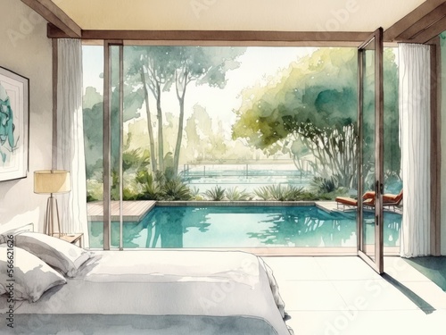 プールの見えるホテルのベッドルーム、ジェネレーティブ AI © mamemo