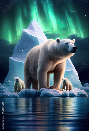 Generative AI illustration of family white bear on iceberg  aurora sky