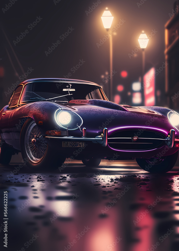 Iconic classic car parking in the streets, purple lights, cinematic, digital art style, generative ai Iconic classic car parking in the streets, purple lights, cinematic, digital art style, generative ai