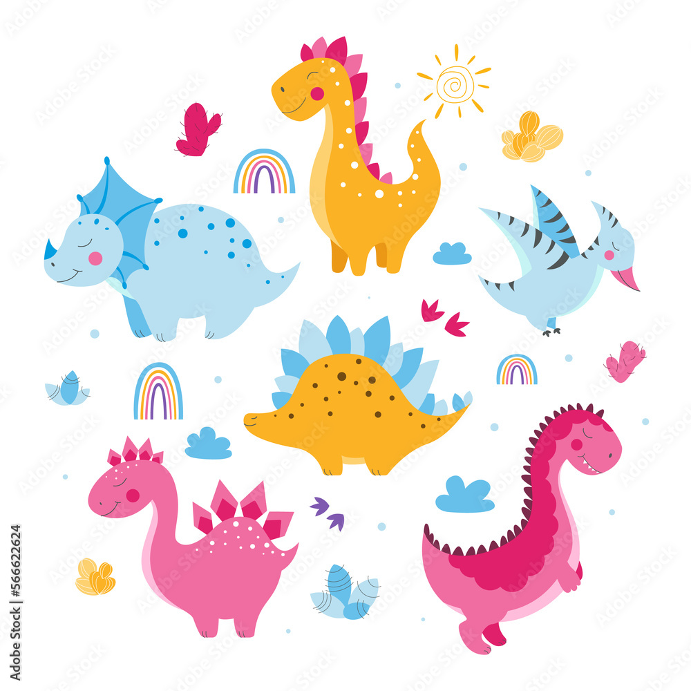Set of cute dinosaurs, cute vector dinosaur illustrations, set of cartoon dinosaurs on white background, set of cartoon cacti, cute mountains Set of cute dinosaurs, cute vector dinosaur illustrations, set of cartoon dinosaurs on white background, set of cartoon cacti, cute mountains