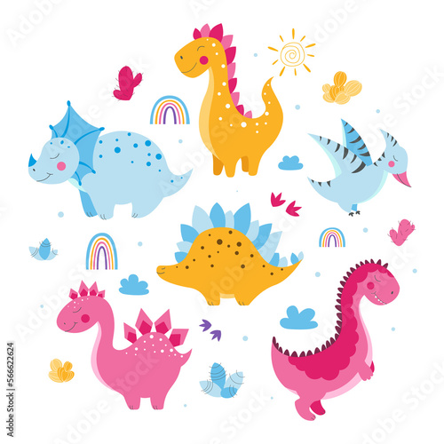 Set of cute dinosaurs  cute vector dinosaur illustrations  set of cartoon dinosaurs on white background  set of cartoon cacti  cute mountains