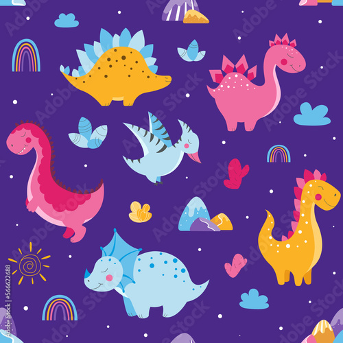 Set of cute dinosaurs  cute vector dinosaur illustrations  set of cartoon dinosaurs on white background  set of cartoon cacti  cute mountains