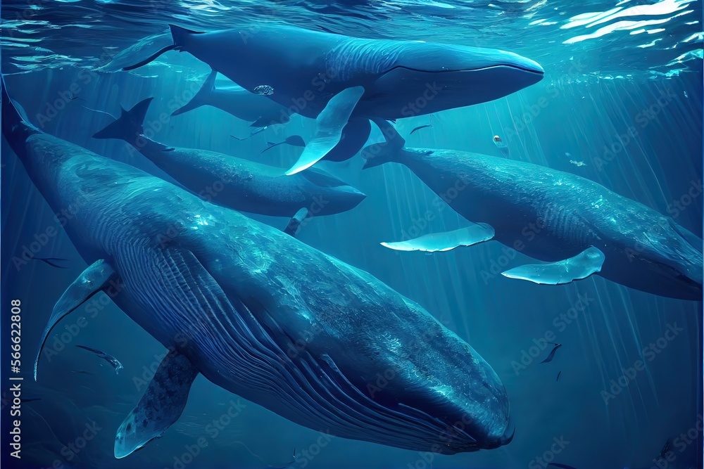 Fototapeta premium Generative AI illustration of shoals of blue whales under water, ocean