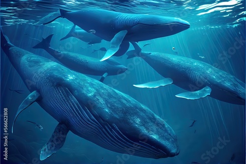 Generative AI illustration of shoals of blue whales under water, ocean