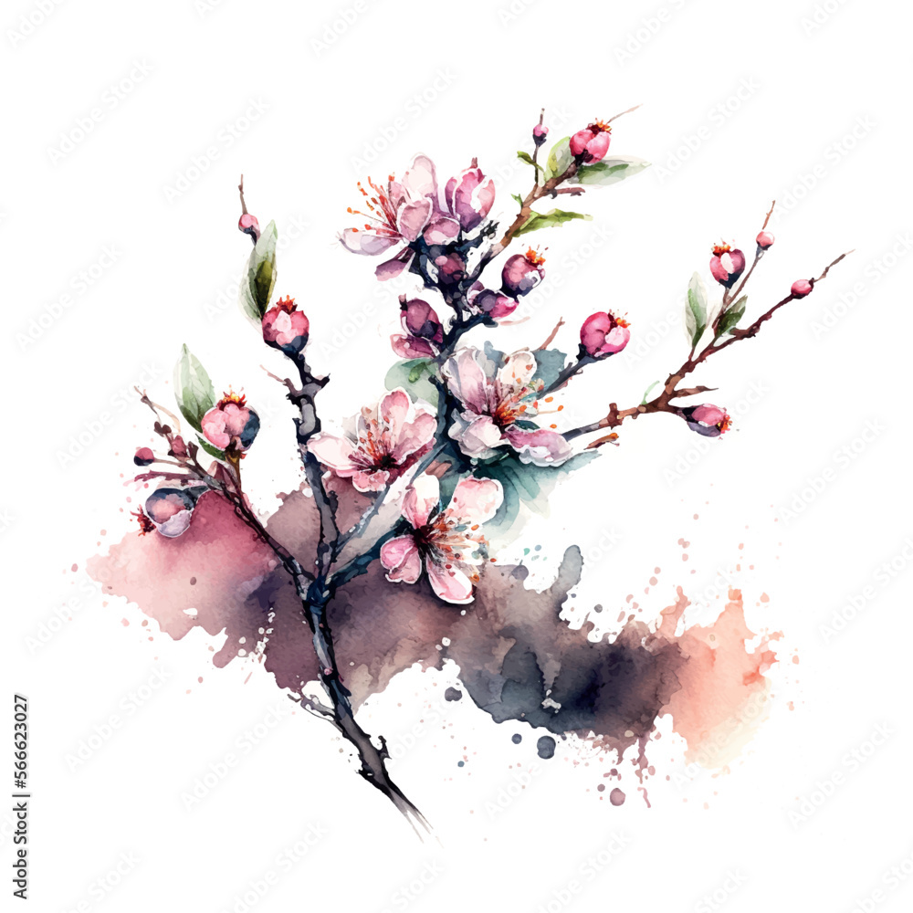 Spring flowers: cherry blossoms and falling petals background-watercolor illustration Spring flowers: cherry blossoms and falling petals background-watercolor illustration