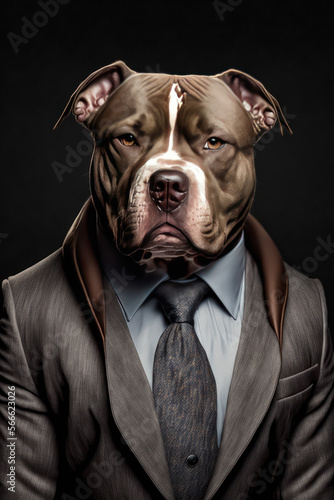 Portrait of angry pitbull dressed in a formal business suit.