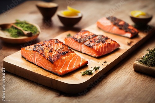 Fototapete Cedar plank grilled or roasted salmon with herbs, garlic and spices