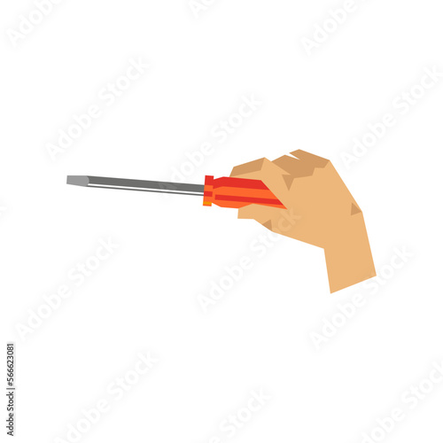 Hand of craftsman holding screwdriver vector illustration. Cartoon drawing of hand with steel instrument for construction on white background. Construction, industry, repair service concept