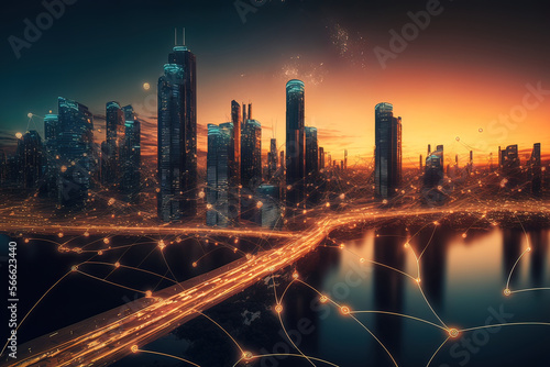 Smart city and communication network concept. Night city  neon lights  top view. AI