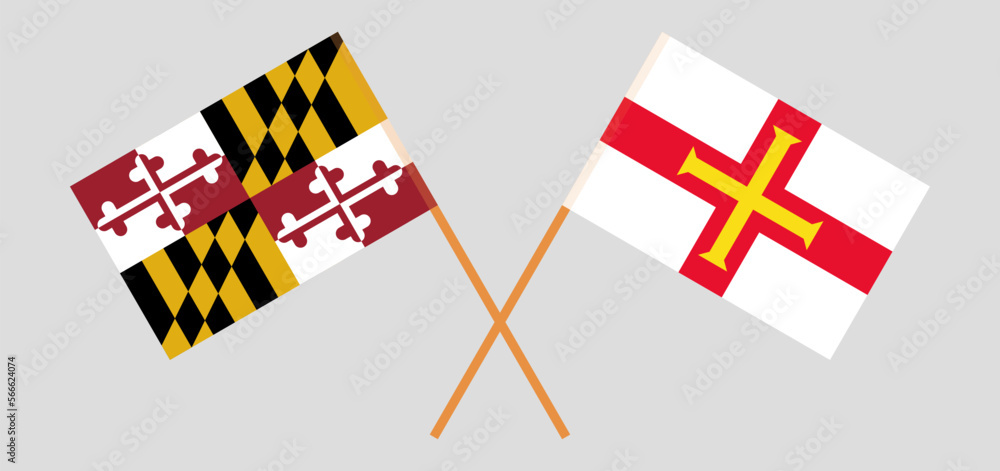 Crossed flags of the State of Maryland and Bailiwick of Guernsey. Official colors. Correct proportion