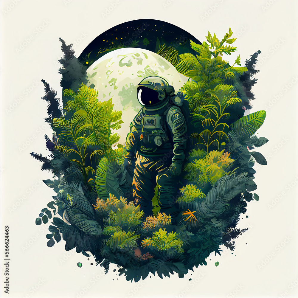 Astronaut and green foliage looking at the Moon and the dark Sky