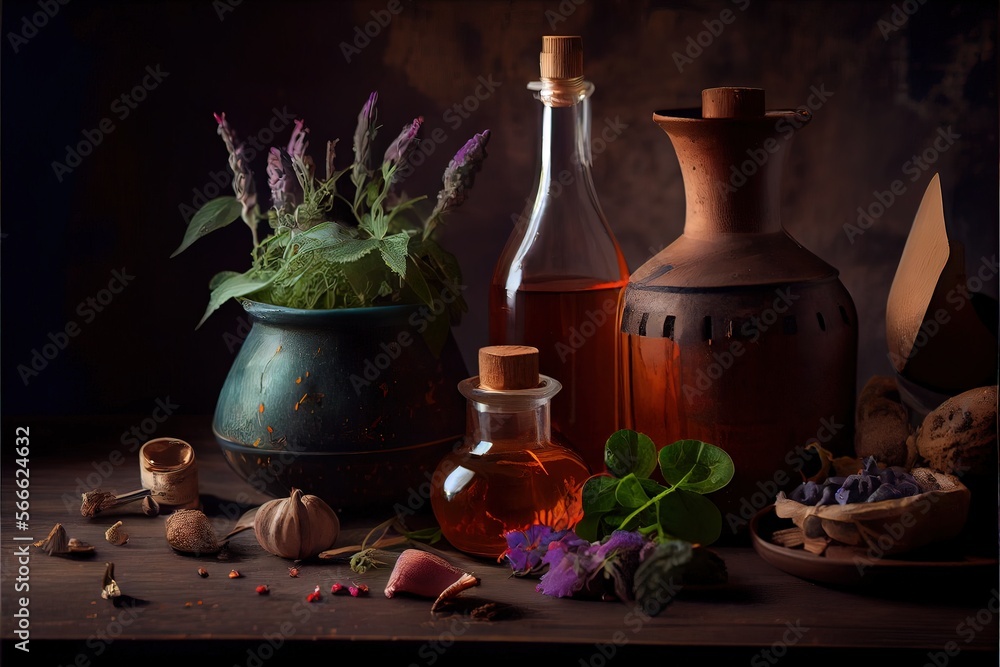 Generative AI illustration of the ingredients of a flower vase arranged for a witch's cookbook. Herbs, bottles, vials, terracotta mixing pot Generative AI illustration of the ingredients of a flower vase arranged for a witch's cookbook. Herbs, bottles, vials, terracotta mixing pot