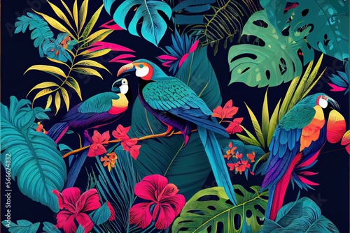 Fototapeta Naklejka Na Ścianę i Meble -  Generative AI illustration of tropical pattern with jungle vegetation and exotic fauna in bright colors.