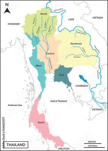 Map of Thailand includes regions including Mekong River  Mun  Chi  Chao Phraya  Ping  Wang  Yum  Nan River and borderline countries Myanmar  Laos  Cambodia  Vietnam  Gulf of Thailand  and Andaman Sea