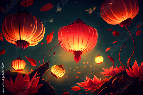  the Lantern Festival,Festive and auspicious lotus wishing lanterns are floating in the sky. Generative AI 