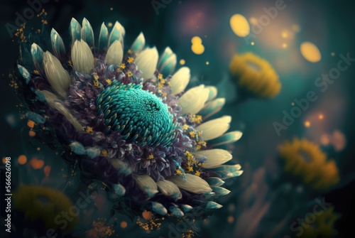 Otherworldly beautiful blooming flower with magical glow and impossibly vibrant color hues, alien planet exotic and imaginative flora - generative AI illustration. 