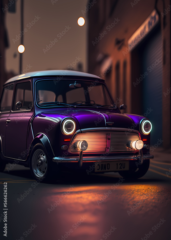The iconic classic car parking in the streets, purple lights, cinematic, digital art style, generative ai