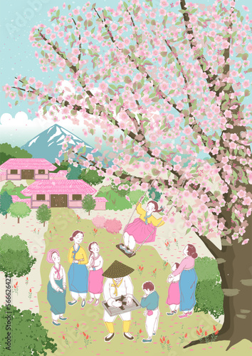 Vector illustration of children swinging under a cherry tree and people in the neighborhood watching flowers. The modern design of Korea. Design for Poster, card, picture frame, and web design	