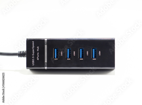 Black USB hub isolated on white.Four usb ports USB.