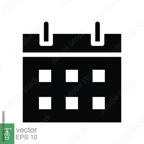 Calendar glyph icon. Simple solid style. Schedule, date, day, plan, symbol concept. Vector illustration isolated on white background. EPS 10.