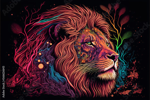 Colorful Lion in a psychedelic style background, Rainbow Lion fantasy, Neon Lion, generative ai. © Asman
