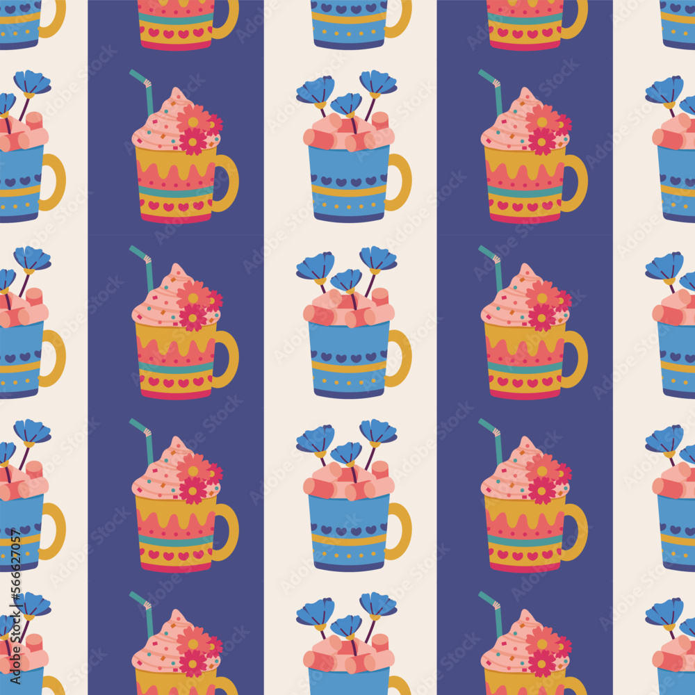 Seamless pattern. Vector design with cups, mugs. Suitable for Valentine's Day, for paper, cover, fabric, indoor decor, wallpaper and more. Seamless pattern. Vector design with cups, mugs. Suitable for Valentine's Day, for paper, cover, fabric, indoor decor, wallpaper and more.
