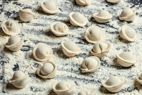 Homemade ravioli. dumplings. Pelmeni. Food recipe background. Close up