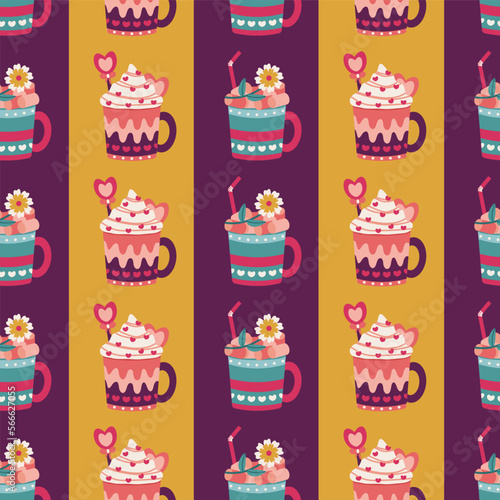 Seamless pattern. Vector design with cups  mugs. Suitable for Valentine s Day  for paper  cover  fabric  indoor decor  wallpaper and more.